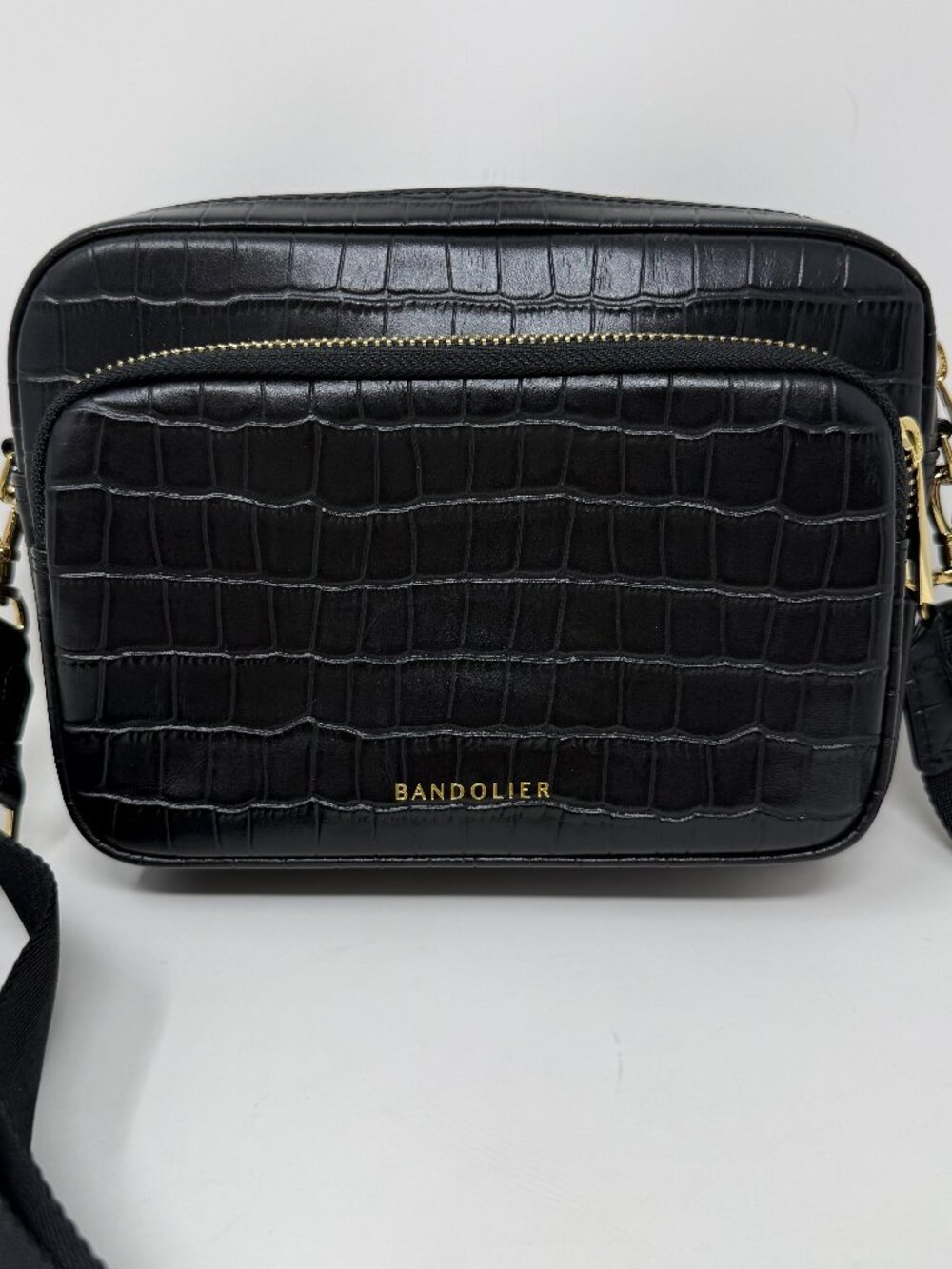 Bandolier Drew Crossbody Bag Black Croc Leather With Gold Hardware NWOT
